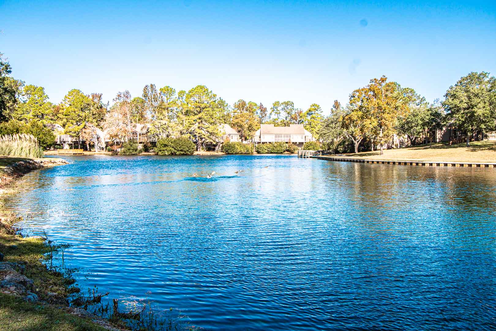 A peaceful lake view at VRI's Sandcastle Village in New Bern, North Carolina.